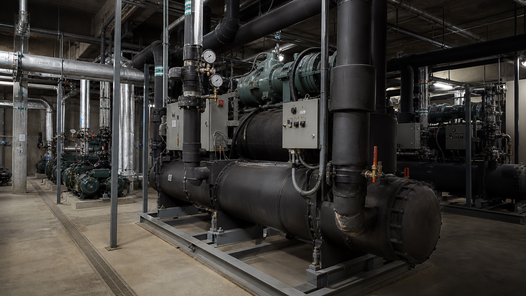 Chillers industriales y sistema de agua helada en sala técnica